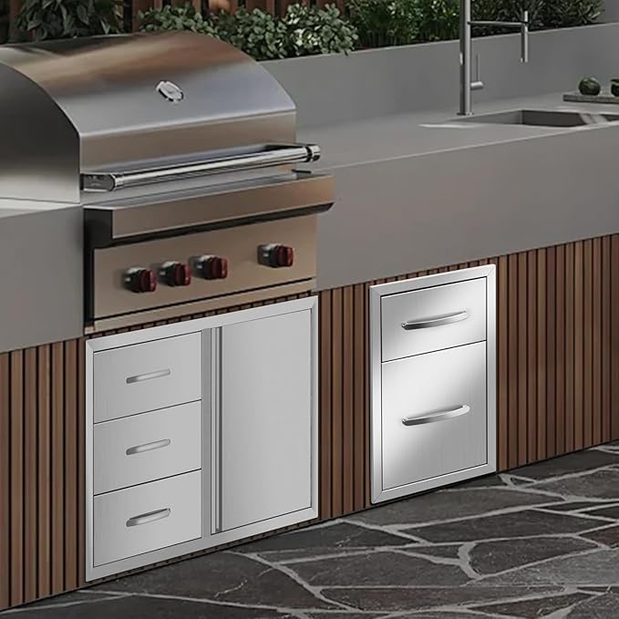 Outdoor Kitchen Drawers Stainless Steel 13W x 20.5H x 21D, Flush Mount Double BBQ Island Drawers with Handle for Outdoor Kitchens, Patio or Grill Station