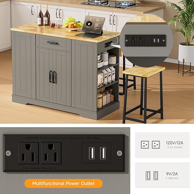 ONBRILL Stationary Kitchen Islands Include 2 Chairs, 47" Kitchen Island with Drop Leaf, Home Bar Table with Spice Rack & with Trash Cabinet, Island Table for Dining Room with Power Outlet, Grey