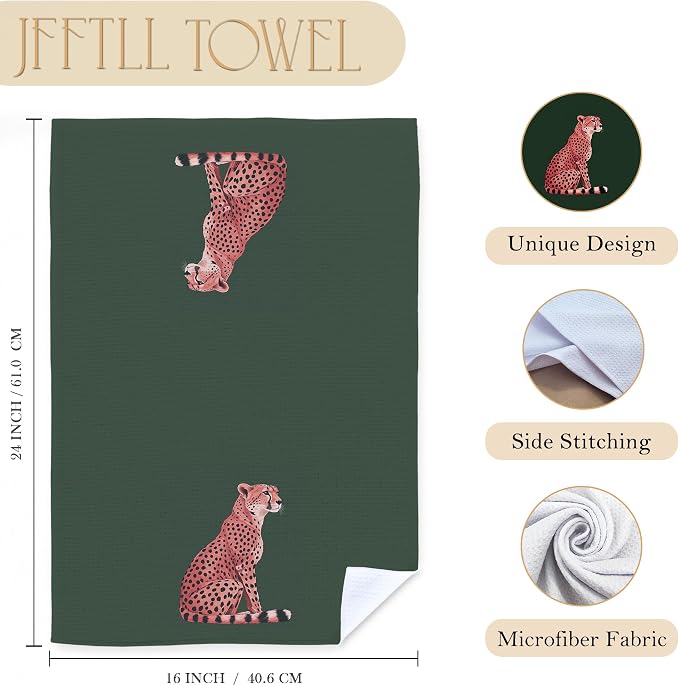 Trendy Preppy Pink Cute Leopard Kitchen Towels, Funky Retro Green Cheetah Print Decorative Dish Tea Towels for Kitchen, Girly Aesthetic Hand Towel for Bathroom Decor, 16x24 Inch Set of 2