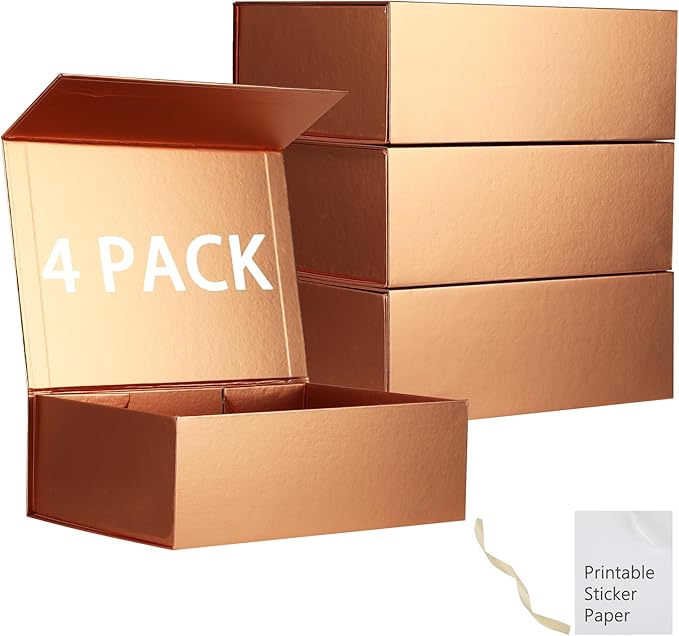 MUMUPACK 4 Pack Rose Gold Gift Boxes With Lids,12x8x4.5 Inch Bridesmaid Proposal Box And Printable Stickers,Proposal Boxes With Ribbon For Wedding, Packaging, Present, Birthday