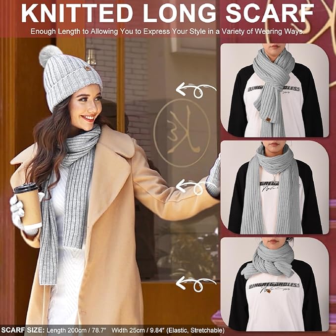 HEEKPEK Winter Beanie Hats Scarf Gloves Ear Muffs Fuzzy Socks 5pcs Set for Women Cold Weather Beanies Touch Screen Gloves