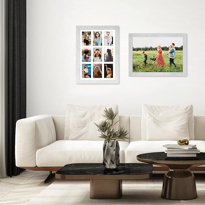 13.5x19.5 Picture Frame Display 9 opening 4X6 Picture Frame Collage,Multi Photo Frame with Mat,Plexiglass,Wall or Tabletop Decor,Distressed White Wood Grain