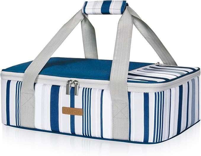 LUNCIA Insulated Single Decker Casserole Carrier, Lasagna Lugger Tote Keeps Food Hot or Cold, Thermal Lunch Bag for Potluck Parties, Picnic and Cookouts, Fits 9" x 13" Baking Dish, Blue