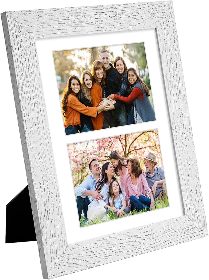 8.5x11 Picture Frame Display 2 opening Double 5x7 Picture Frame Collage,Multi Photo Frame with Mat,Plexiglass,Horizontal and Vertical Formats for Wall Decor,Distressed White Wood Grain