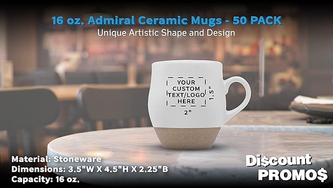 DISCOUNT PROMOS 50 Admiral Ceramic Mugs Set, 16 oz. - Customizable Text, Logo - Stoneware, Drinkware, Coffee, C-handle - White