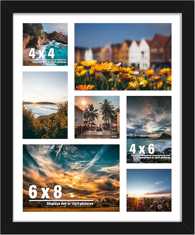 13x17 Picture Frame, Collage Picture Frame, Display Includes Three 4x4 Photos, Two 4x6 Photos and Two 6x8 Photos, for Available Horizontal Wall Mounting Display and Vertical, Black.