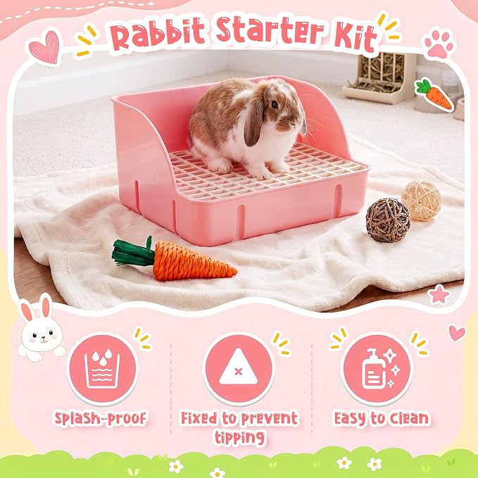 Reallnaive 15 Pcs Rabbit Starter Kit Small Rabbit Litter Box Girls Gift Animal Grooming Kit Bunny Toys Bowl Blankets with Cleaning Set for Guinea Pig Accessories (Bright Pink‌)