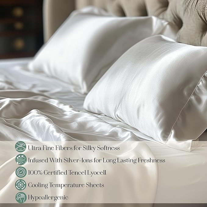 Eucalyptus Sheets - Infused with Silver for Anti-Odor, Softer Than Silk Fibers, More Cooling Than Cotton - Perfect for Hot Sleepers & Sensitive Skin - 100% Tencel Lyocell - Cali-King Sheet Set