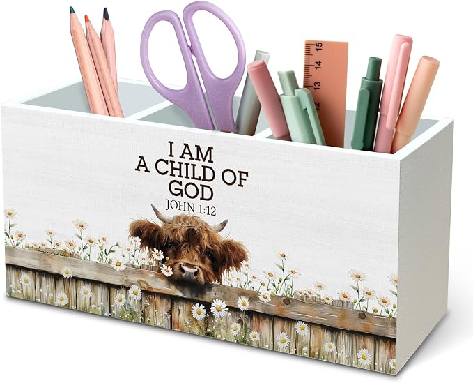 DILSJ Christian Highland Cow Pen Pencil Holder Organizer for Desk, Highland Cow Gifts for Women, I Am a Child of God Wooden Box Signs for Home Office Desk Tabletop Decoration