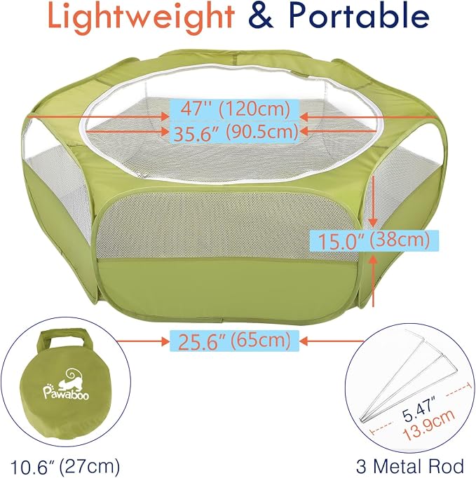 Pawaboo Small Animal Playpen with Zippered Cover,Green | Portable pop-up pet tent for supervised rabbits, guinea pigs, chicks and kittens; water-resistant bottom and 3 metal rods