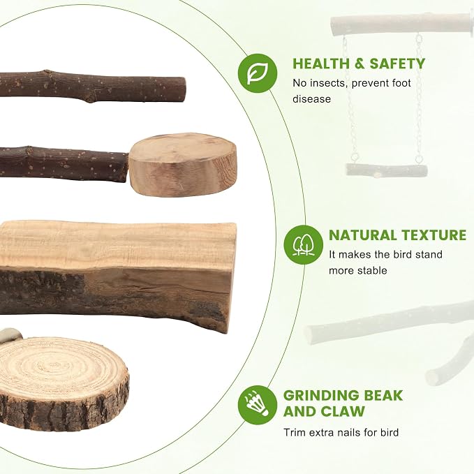 8 Pcs Natural Wood Bird Perch Swing & Bird Rope Platform Set | Fits Small/Medium Parrots (Budgies, Conures) | Multi-Level Cage Gym for Climbing | Safe Chewing | Tool-Free Mount