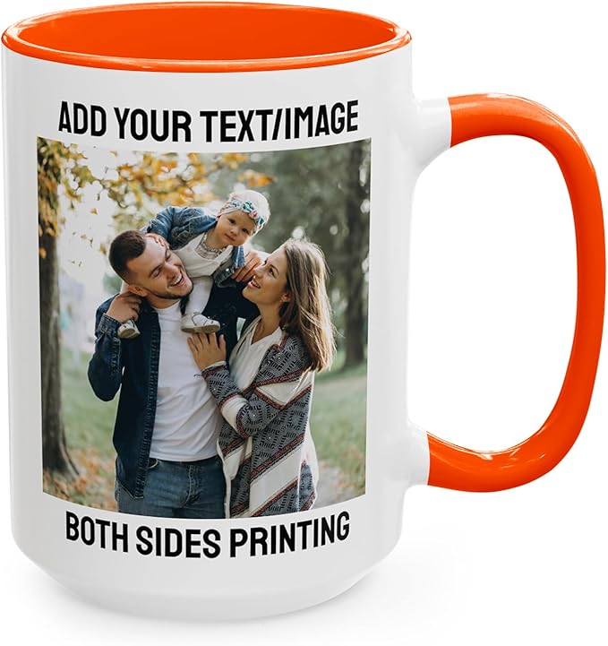 Custom 15oz Orange Coffee Mug Design Personalized Ceramic Coffee Cup with Photo Text Logo Taza Personalizadas Customized Gifts for Birthday Anniversary Wedding Love Family Work Novelty Cup Two Sides