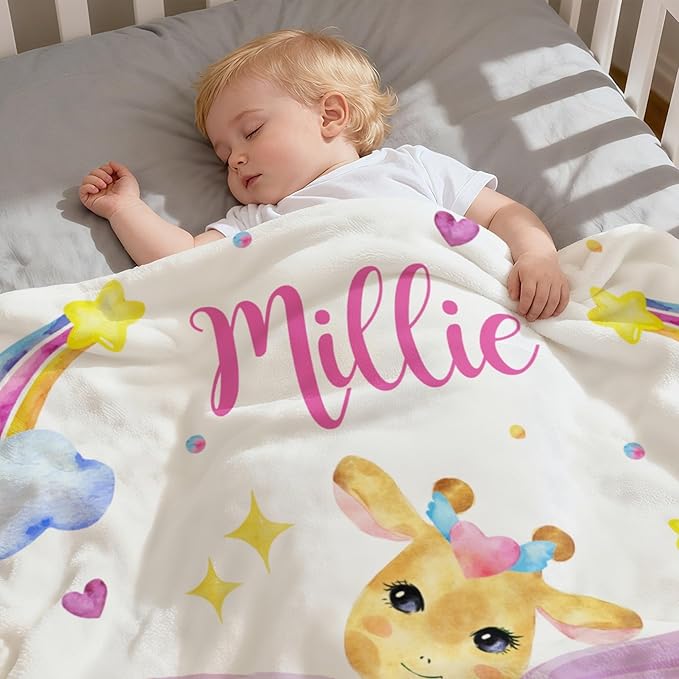 Personalized Baby Blankets for Girls with Name, Ultra-Soft Fleece Custom Baby Blanket, Cute Giraffe Baby Girl Gift, Personalized Name Blanket, 30"x40"