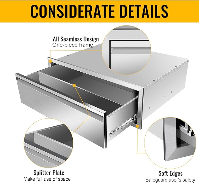Outdoor Kitchen Drawers Stainless Steel 30W X 10H X 23D Inch, Flush Mount Single BBQ Island Drawers with Hidden Handle for Outdoor Kitchens, Patio or Grill Station