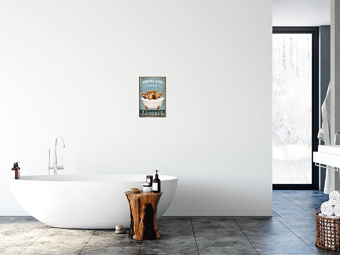 Funny Highland Cow Decor Vintage Bathroom and Bathtub Metal Tin Sign Decor Highland Cow Pet lovers Gift Farm Home Bar Bathroom Man Cave Retro Wall Art Poster Sign Accessories 8x12 In