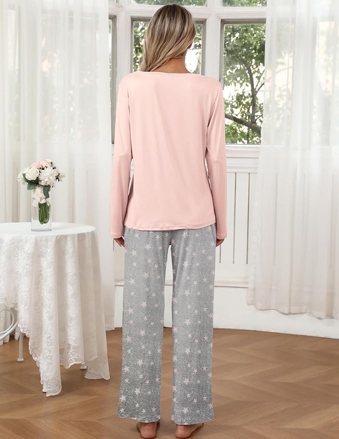 Ekouaer Womens 2 Pack Pajama Set Long Sleeve Pajamas Top and Pants V Neck Pjs Set Soft Loungewear with Pockets