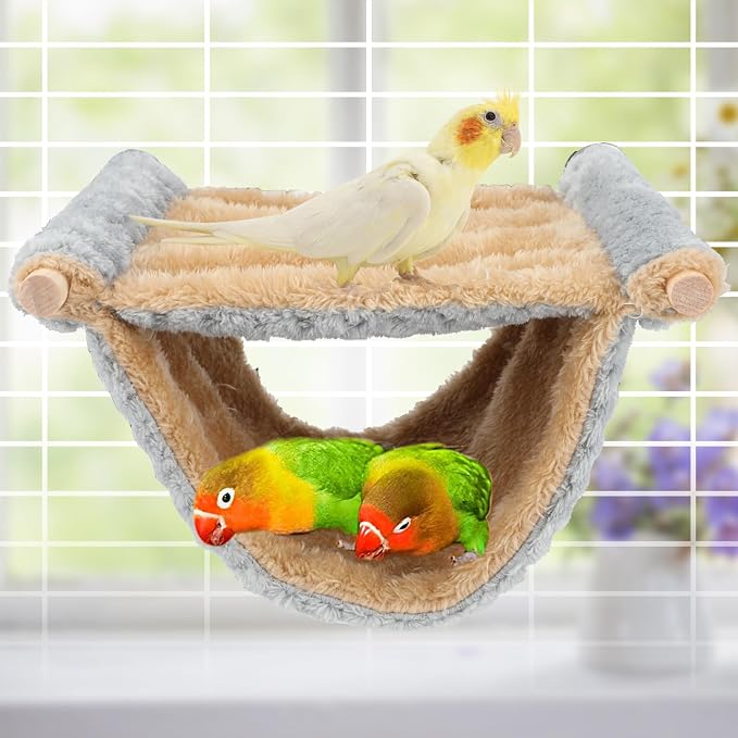 BWOGUE Bird Nest Bed Hanging Hammock, Parakeet Bed for Cage, Cockatiel Bed | Warm Fleece Snuggle Hut, Double-Layer Comfort, Wooden Perch Setup, Washable Hammock