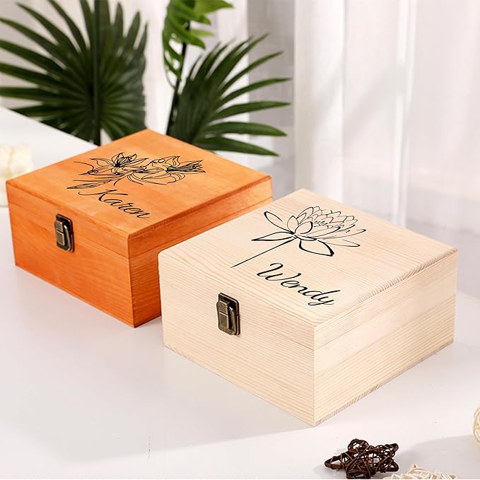 Personalized Wooden Keepsake Memory Box with Birth Flower & Name, Custom Wood Decorative Storage Box with Lids Customized Christmas Gift Box for Women Teen Girls Mom Birthday Gifts