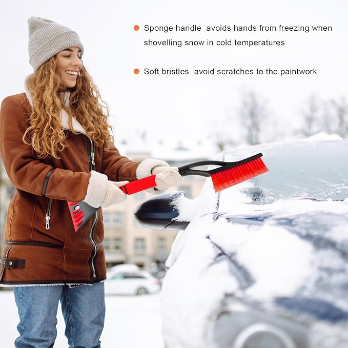 Snow Brush and Ice Scraper for Car Windshield, 23.6" Scratch Free Auto Scraper Soft Bristle Brush with Ergonomic Grip, Detachable Winter Snow Removal Tool for Cars Trucks SUVs (Red)
