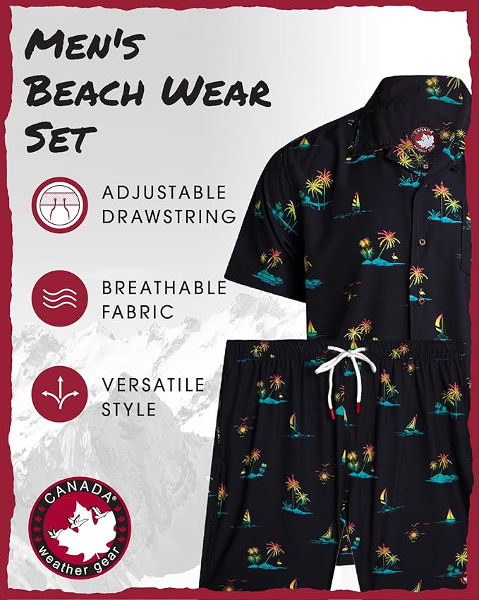 CANADA WEATHER GEAR Mens Beach Outfit Set - 2 Piece Short Sleeve Button Down Hawaiian Shirt for Men and Mens Swim Shorts Set