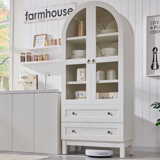 IFGET 71" Tall Arched Kitchen Pantry Cabinet, Wood Kitchens Storage Cabinets with 2 Large Drawers and Adjustable Shelves, Modern Farmhouse Versatile Cupboard for Kitchen, Dining Room, Bathroom, White