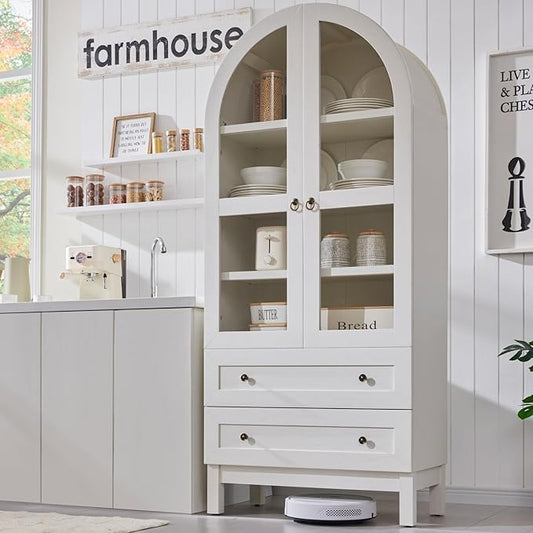 IFGET 71" Tall Arched Kitchen Pantry Cabinet, Wood Kitchens Storage Cabinets with 2 Large Drawers and Adjustable Shelves, Modern Farmhouse Versatile Cupboard for Kitchen, Dining Room, Bathroom, White