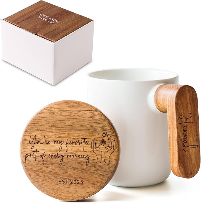 Engraved Ceramic Coffee Mug with Acacia Wood Handle & Lid, 12 oz Personalized Cup for Hot and Cold Drinks, Unique Gift with Stylish Packaging - White