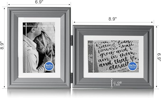5X7 Double Wooden Hinged Picture Frame Vertical and Horizontal in Gray, Display 4x6 with Mat or 5x7 without Mat, Folding Photo Frame with Real Glass Front for Tabletop X2-HUI-SH57