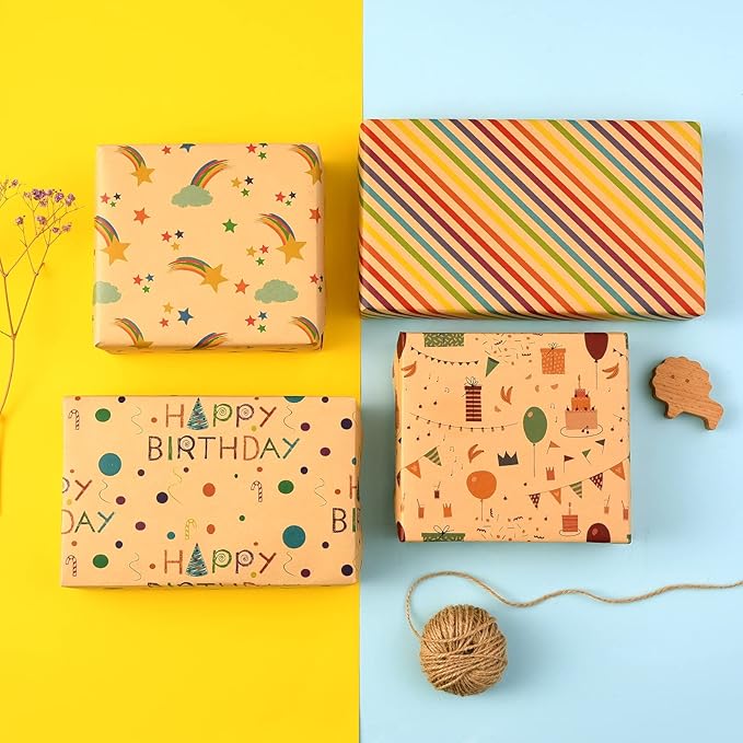 PlandRichW Birthday Wrapping Paper for Kids Girls Women Boys Men,12 Sheets Kraft Brown Recycled Gift Wrapping Paper 4 Styles of ''Happy Birthday'' Balloon Rainbow Stars Precut 20" X 29" Folded