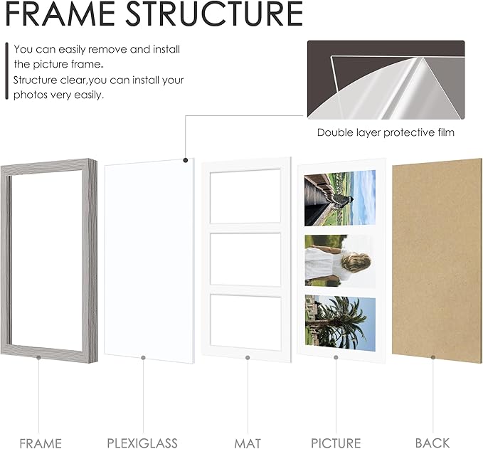 8x14 Collage Picture Frame 4x6 Collage Picture Frame Displays Three 4x6 inch Photos or 8x14 (Without Mat) for Available Horizontal Wall Mounting Display and Vertical Grey
