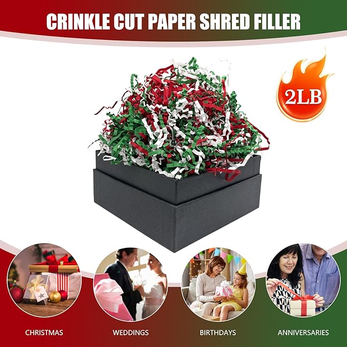 Red Green White Crinkle Cut Paper Shred Filler, 2 LB Basket Filler Shredded Paper, Confetti Stuffing for Basket Filling, Christmas, Birthdays, Weddings, DIY Gift Wrapping, Stuffer Party Supplies