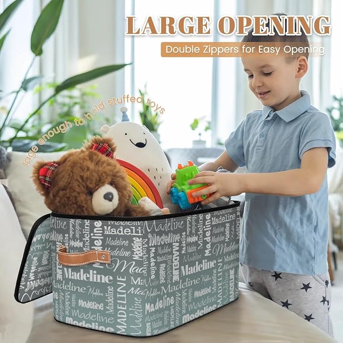 Custom Storage Basket with Name, Personalized Keepsake Box with Zipper Lid, Foldable Fabric Memory Bin Large capacity with Handle Gradient Grey Green