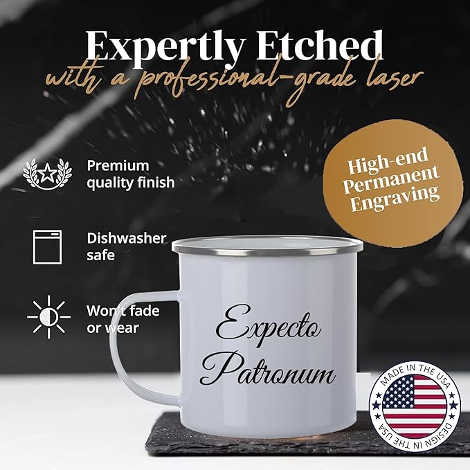Custom Camping Mug, Personalized Stainless Steel Coffee Mugs With Text, 15oz Metal Campfire Cups, Travel Cup for Hot Chocolate, Tea, Engraved Gifts for Men, Women (Engraved Custom Text, White Metal)