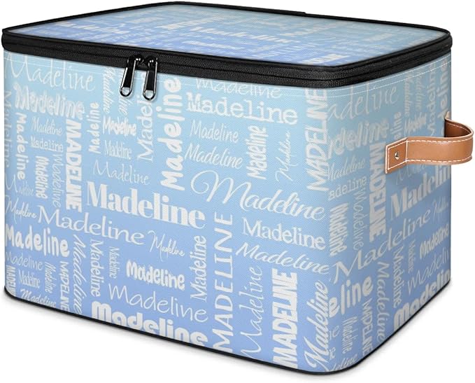 Custom Storage Basket with Name, Personalized Keepsake Box with Zipper Lid, Foldable Fabric Memory Bin Large capacity with Handle White Blue