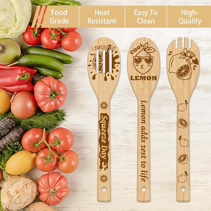 GLOBLELAND 6Pcs Lemon Wooden Spoons Utensil Set Bamboo Carving Kitchen Cooking Utensils for Women and Men Wooden Engraved Cooking Spatula Set for Kitchen Fun House Warming Gift