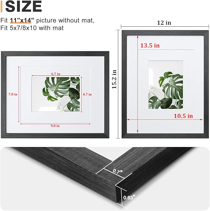 Egofine 11x14 Picture Frame Set of 4, Made of Solid Wood Multicolor Photo Frames Covered by Plexiglass 5x7 and 8x10 with Mat or 11x14 without Mat, for Table Top Display and Wall Mounting Mixed Colors