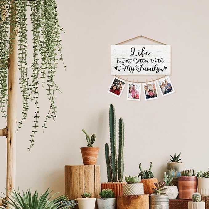 Family Picture Frame Photo Holder, Farmhouse Style, 12x6 Inch, Wooden Clip Frame, Perfect for Wall Decoration and Gifts