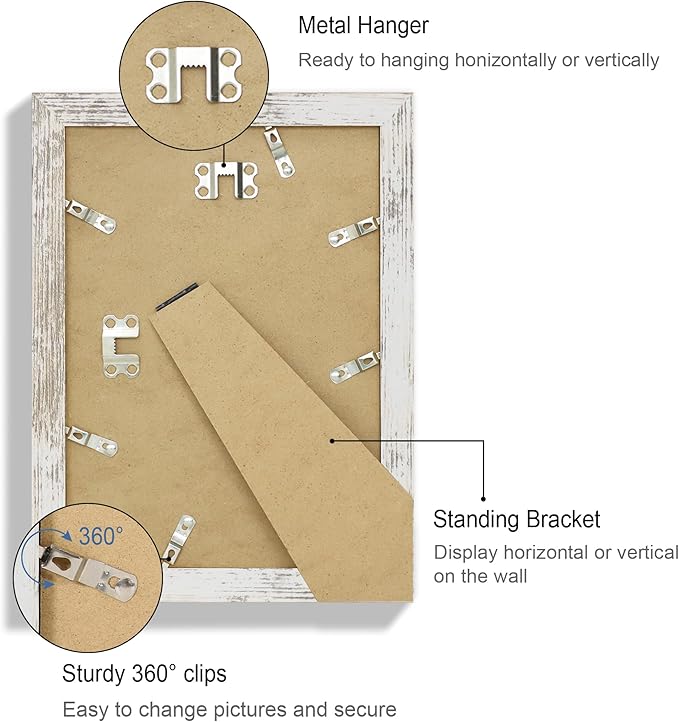 7x10 Picture Frame Set of 4, Made of Real Glass and Distressed White Frame - Display Picture 5.5x8.5 with Mat or 7x10 Without Mat, 7 by 10 Photo for Wall or Tabletop