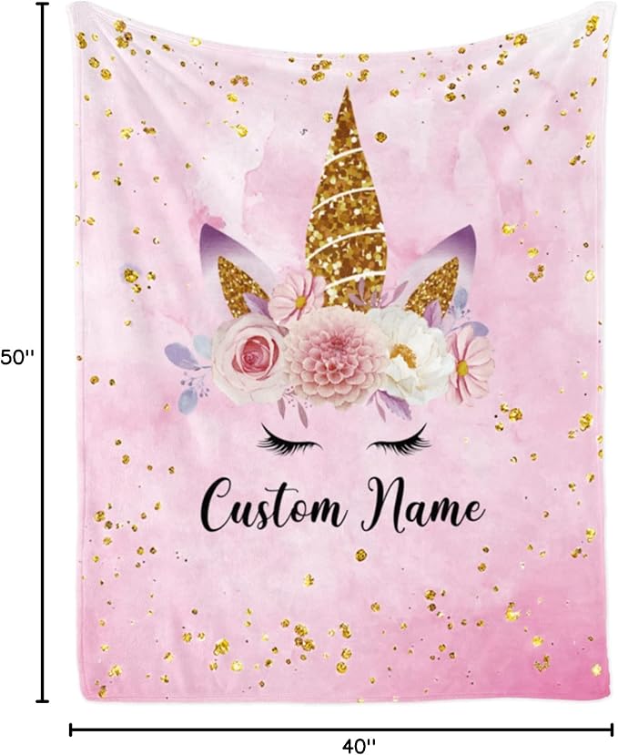 Custom Horse Blanket with Name for Girl, Personalized Name Blanket for Kids, Soft Flannel Pink Toddler Blanket Customized Gift for Birthday Christmas Baby Shower Children Day 40x50in