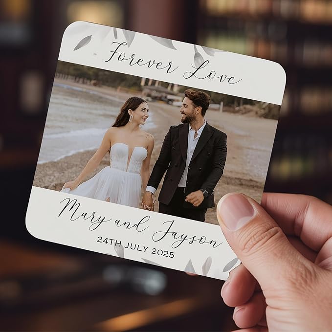 100 Pack Personalized Wedding Coasters, Custom Cardboard Coasters for Drinks with Photo Print and Text, Keepsake Wedding Favors and Gifts for Couples, 4x4 Square, Design 7