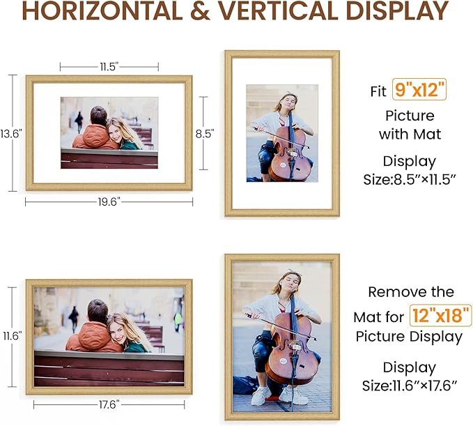 Natural Oak 12x18 Picture Frames Mat to 9x12 Picture Display Set of 3,Original Wood Handcrafted 12x18 Wooden Certificate Frame with Tempered Glass Graduation Family Wedding Photo Wall Mounted