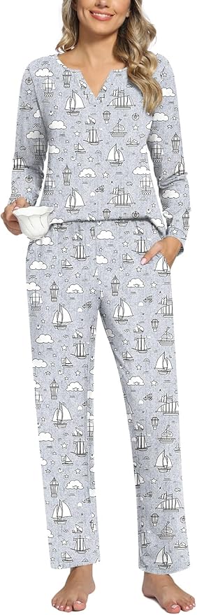 Anyally Women's Plus Size Pajama Sets Ladies Fall Pjs 2 Pieces Lounge Outfits V Neck Long Sleeves Sleepwear with Pockets