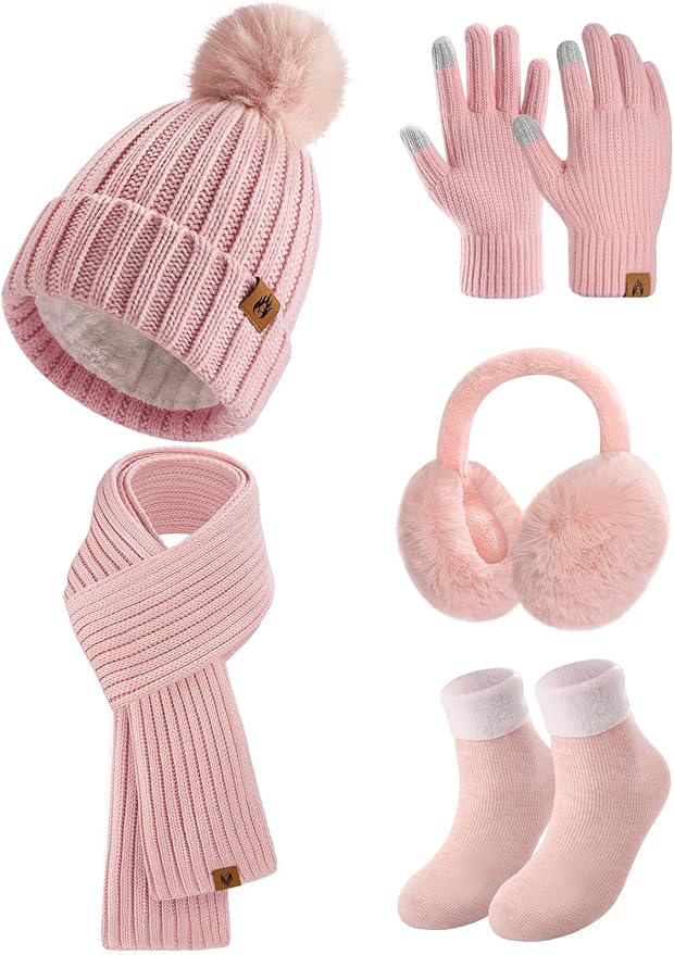 UMIPUBO Winter Beanie Hats Scarf Touch Screen Gloves Fuzzy Socks Ear Muffs 5pcs Set for Women Winter Ski Outing Set