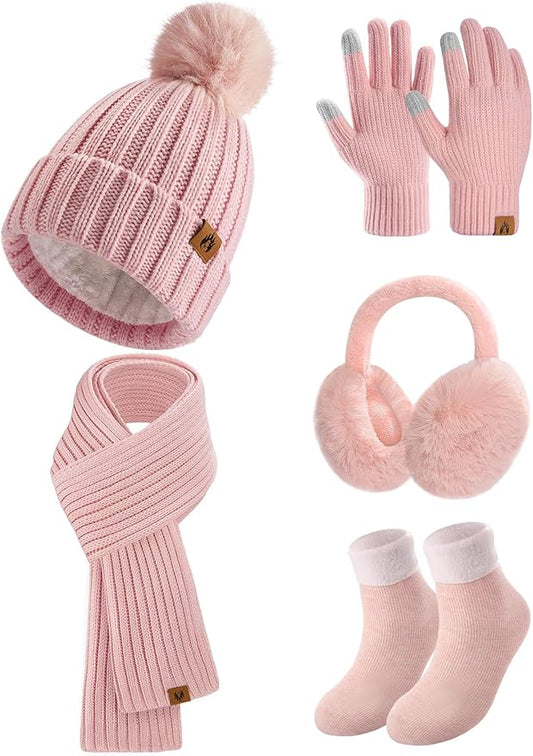 UMIPUBO Winter Beanie Hats Scarf Touch Screen Gloves Fuzzy Socks Ear Muffs 5pcs Set for Women Winter Ski Outing Set