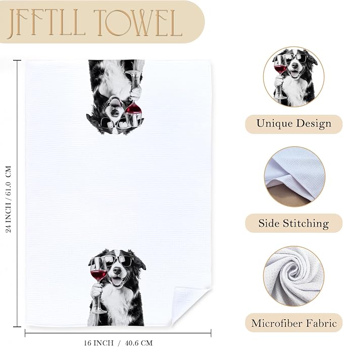 Funny Border Collie Kitchen Towels Set of 2, Funny Kitchen Decor, Wine Bar Decor, Black and White Border Collie Owner Gift Hand Towel, Dining Room Decorative Tea Towel Dish Towels 16x24 Inch