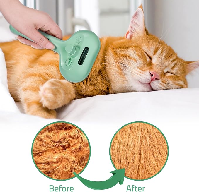 Bunny Ferret Steam Brush Release Button Self Cleaning Spray Comb for Long and Short Hair Cats Rechargeable Steaming Cat Grooming Brush Steamer to Remove Loose Hair (Green)