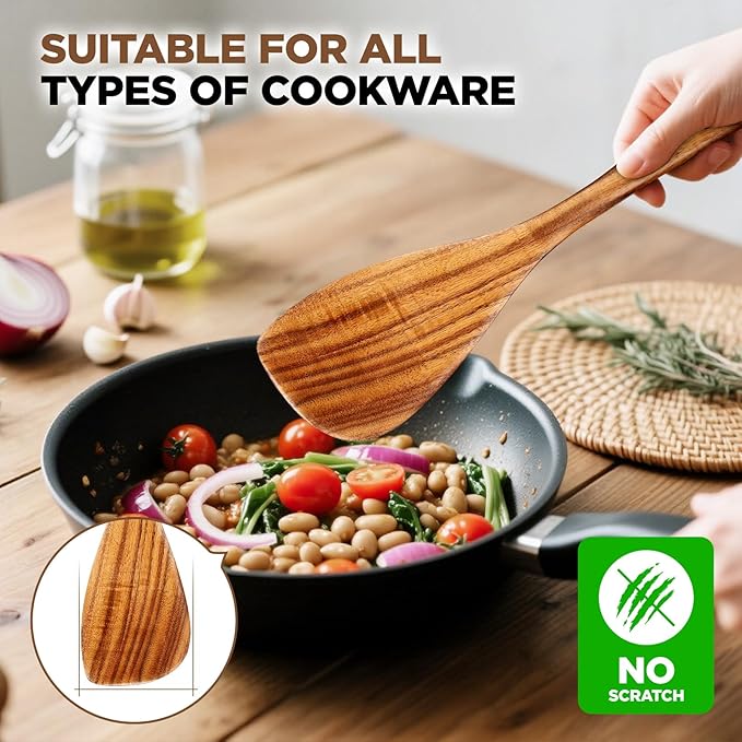 9Pcs Wooden Utensil Set with Holder and Spoon Rest - Natural Teak Wood Cooking Utensils Set, Heat Resistant and Non-stick Wooden Spoons for Cooking, Kitchen Utensils Set with Spatula