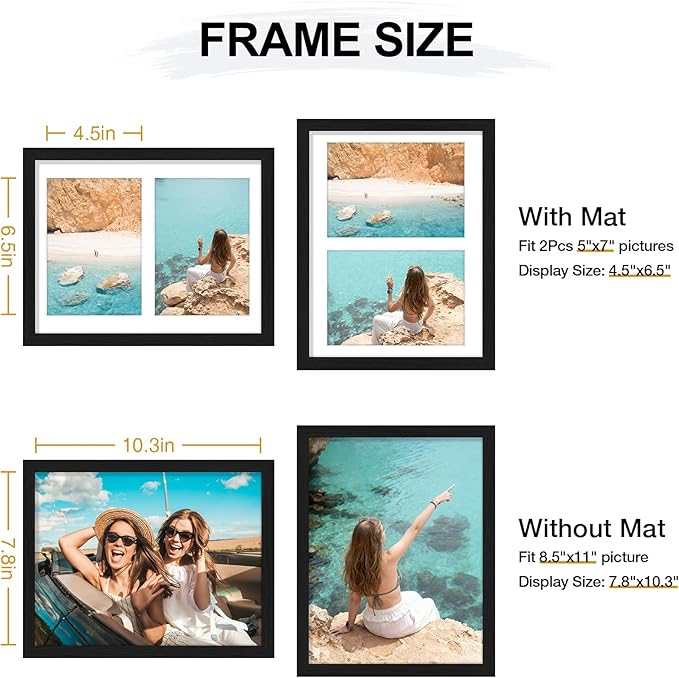 Vittanly 8.5x11 Collage Picture Frame, Displays 2Pcs 5x7 Pictures with Mat or 1Pc 8.5x11 without Mat, Picture Frames Collage Wall Decor for Horizontal or Vertical Display, Black, 1 Pack