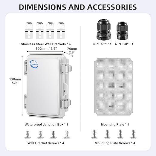 Waterproof Outdoor IP67 Junction Box (5.9"x3.9"x2.8") with Mounting Plate, Hinged Grey Cover and Wall Brackets - Weatherproof ABS Plastic Electrical Enclosure for DIY Projects (150x100x70mm)