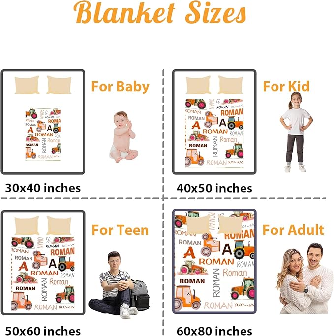 Personalized Tractors Blanket - Custom Name with Farm Tractor Trucks Design - Soft Plush Flannel Bed Blanket for Baby Kid Teen Boys Girls Customized Gifts White & Orange